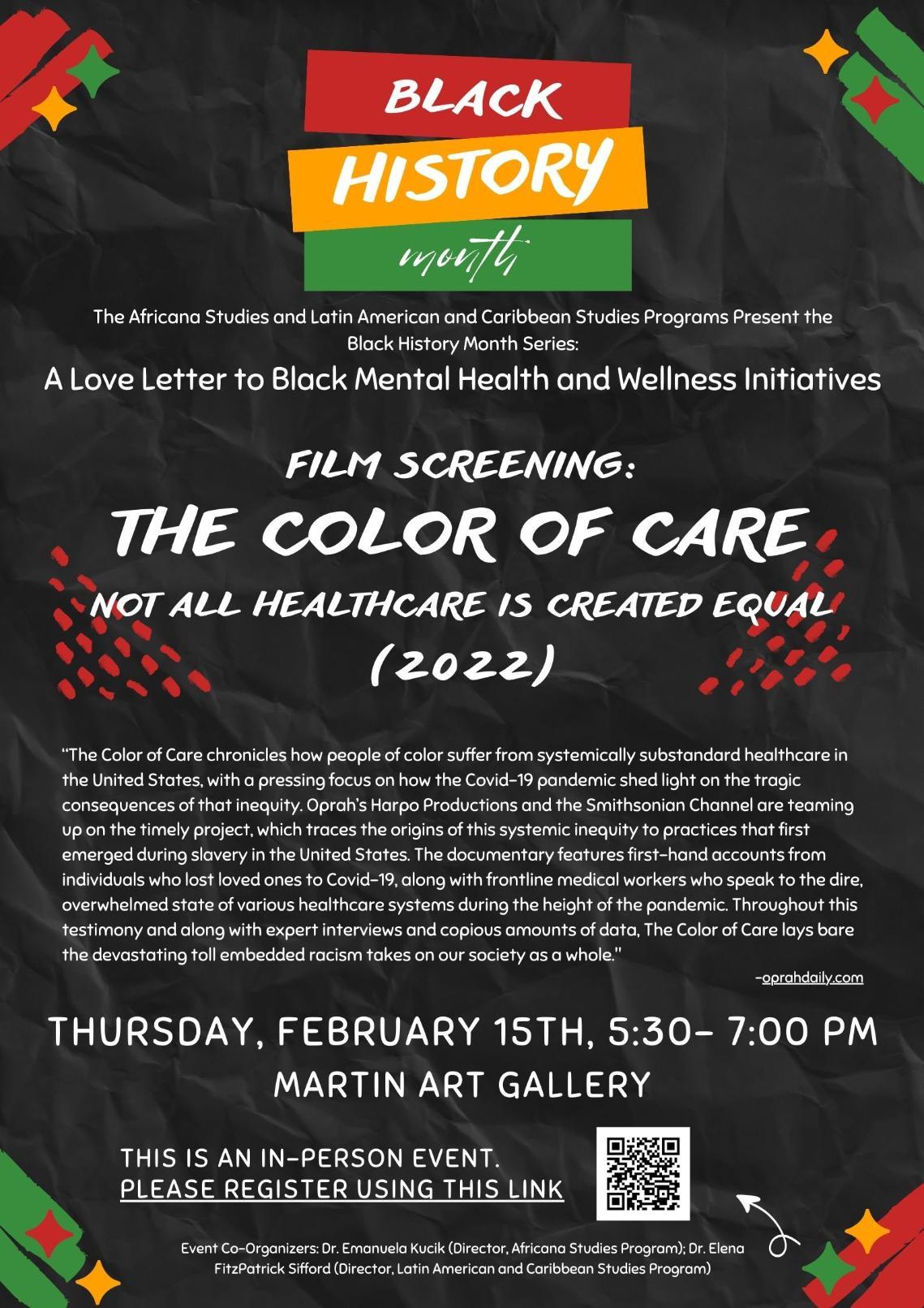 poster for film screening of The Color of Care on Feb. 15 at 5:30 in the Martin Art Gallery